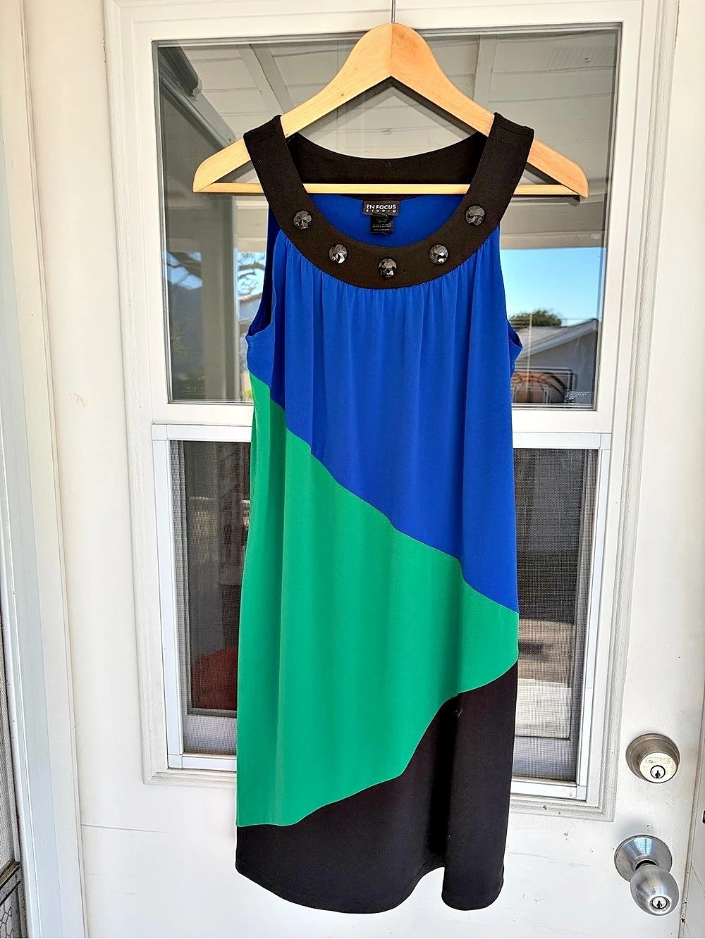 En Focus Studio Color Block Jeweled Neck Shift Dress, Sleeveless Cocktail Size 8